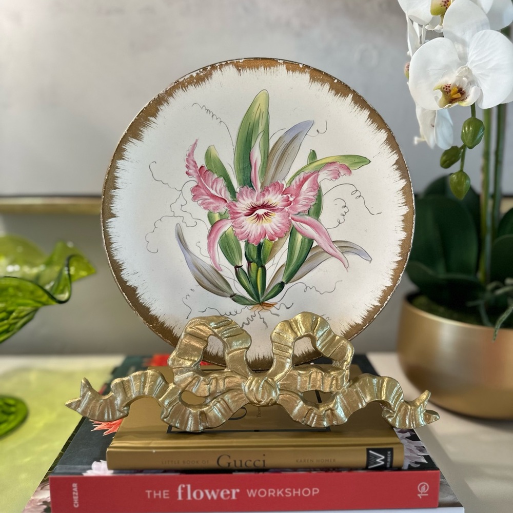 Hand-Painted Floral Plate with Gold Trim